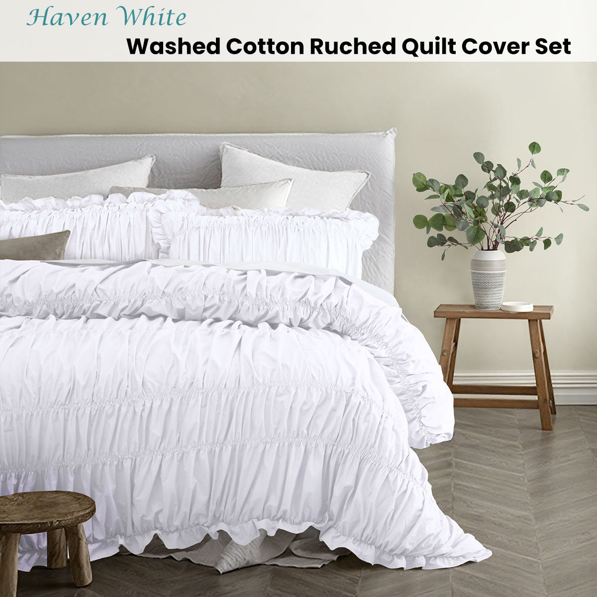 Vintage Design Homewares Haven White Washed Cotton Ruched Quilt Cover Set Queen