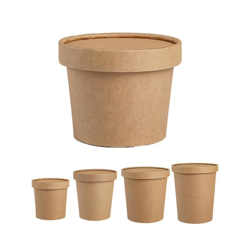 250x Biodegradable Kraft Paper Soup Bucket with Lid Takeaway Tubs Cups - 450ML (16OZ)