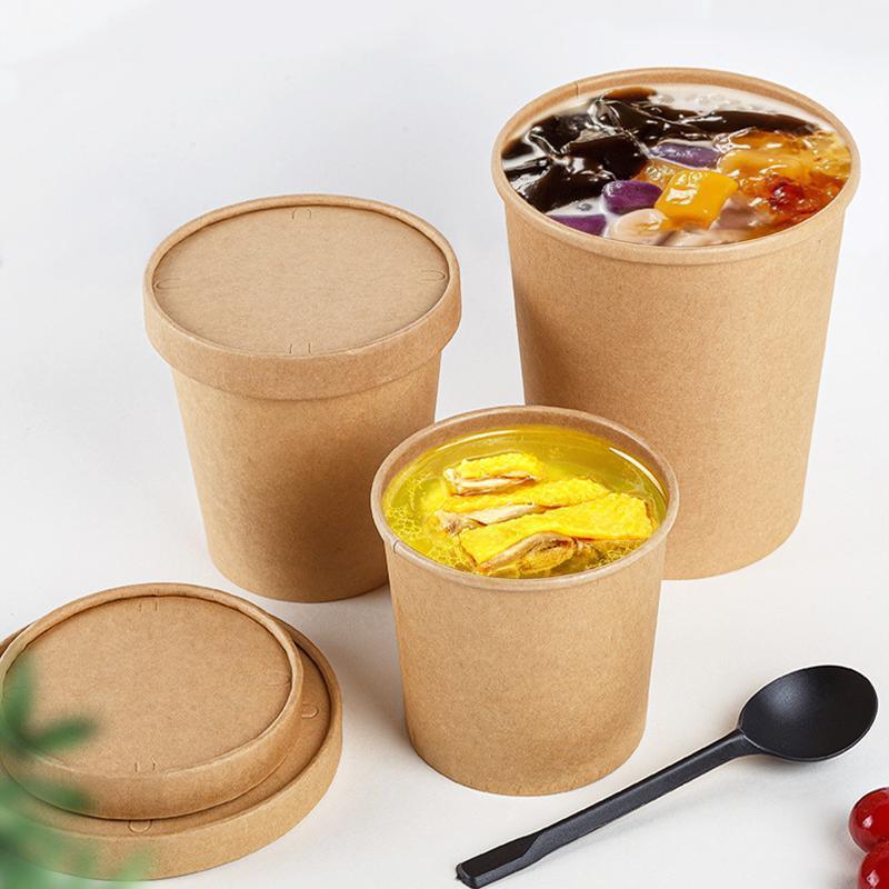 250x Biodegradable Kraft Paper Soup Bucket with Lid Takeaway Tubs Cups - 450ML (16OZ)