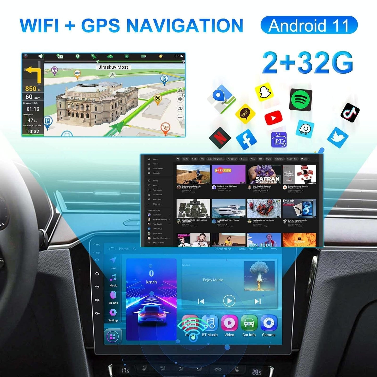 10 Inch Car Android Navigation Screen With Carplay - 2 + 64G