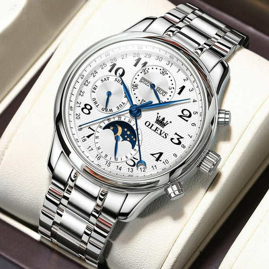 Waterproof Luminous Mechanical Watch for Men - Multifunction - Steel Band + White
