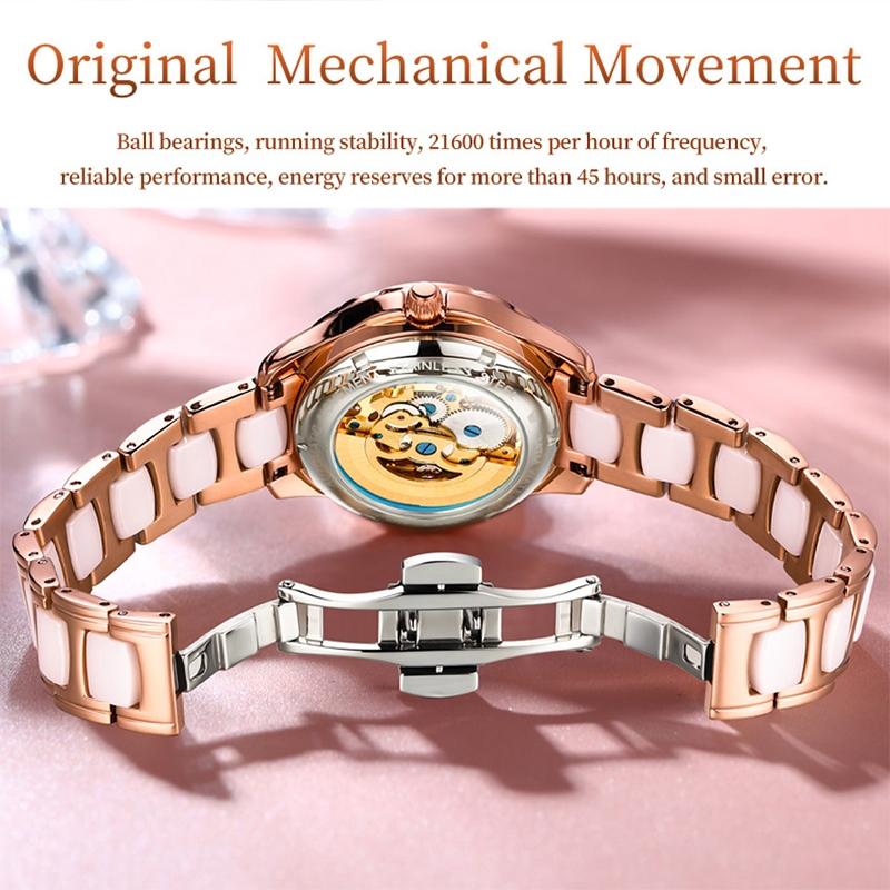 Women Waterproof Mechanical Watch with Ceramic Band - Multifunctional and Elegant