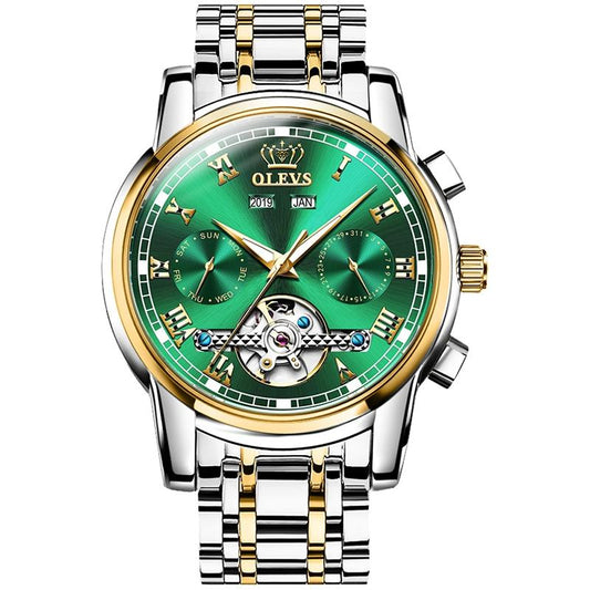 Waterproof Automatic Mechanical Watch for Men with Multi-function Flywheel - Silver Gold Green