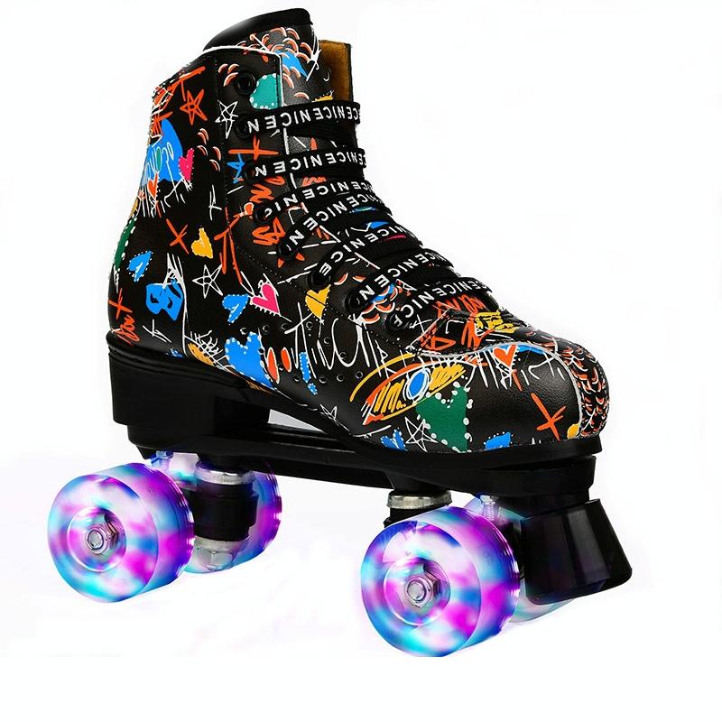 Double Row Four-wheel Roller Skating Shoes for Adult Children - Size 34 - Flash Wheel White