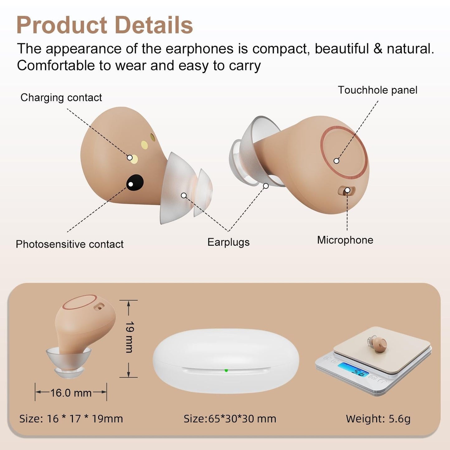 Digital In Ear Tws Hearing Aid Rechargeable & Invisible - Skin Colour