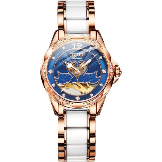 Stylish Waterproof Ceramic Mechanical Watch for Women with Diamond Accents - Blue