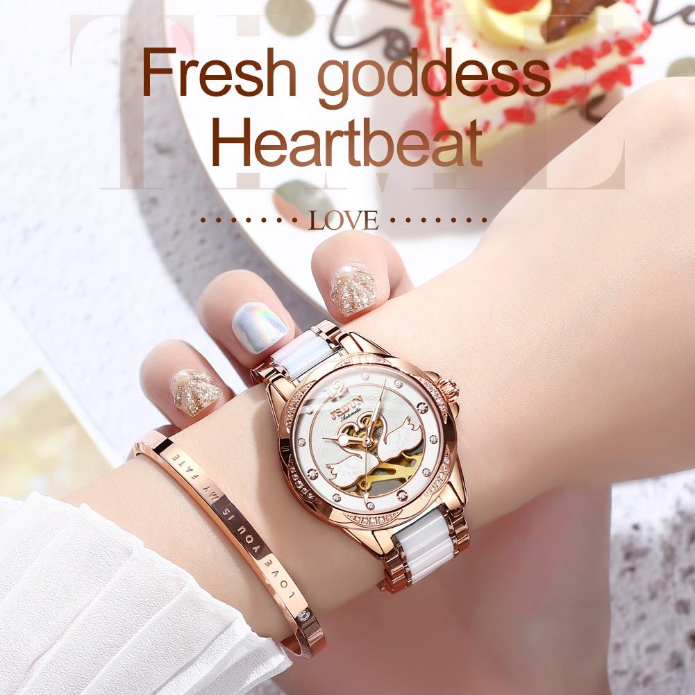 Stylish Waterproof Ceramic Mechanical Watch for Women with Diamond Accents - Blue