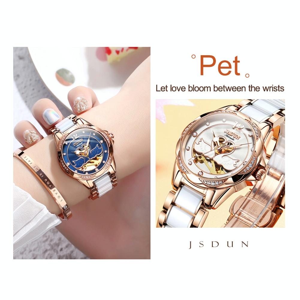 Stylish Waterproof Ceramic Mechanical Watch for Women with Diamond Accents - Blue