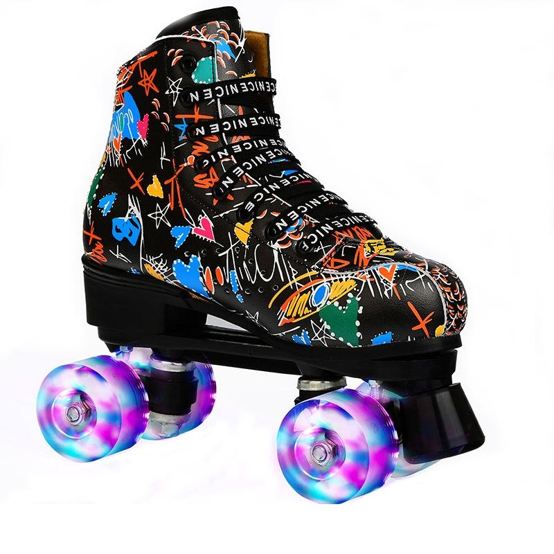 Double Row Four-wheel Roller Skating Shoes for Adult Children - Size 37 - Flash Wheel White