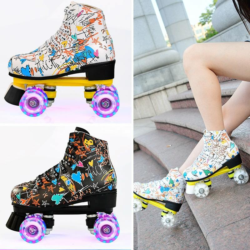 Unisex Graffiti Roller Skates - Double Row Size 39 - Flash Wheel White