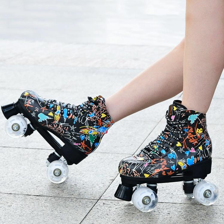 Double Row Four-wheel Roller Skating Shoes for Adult Children - Size 40 - Flash Wheel White