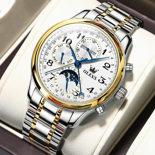 Waterproof Luminous Mechanical Watch for Men - Multifunction - Steel Band + Gold White