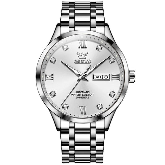 Waterproof Quartz Watch with Diamond Roman Scale for Men - White + Silver