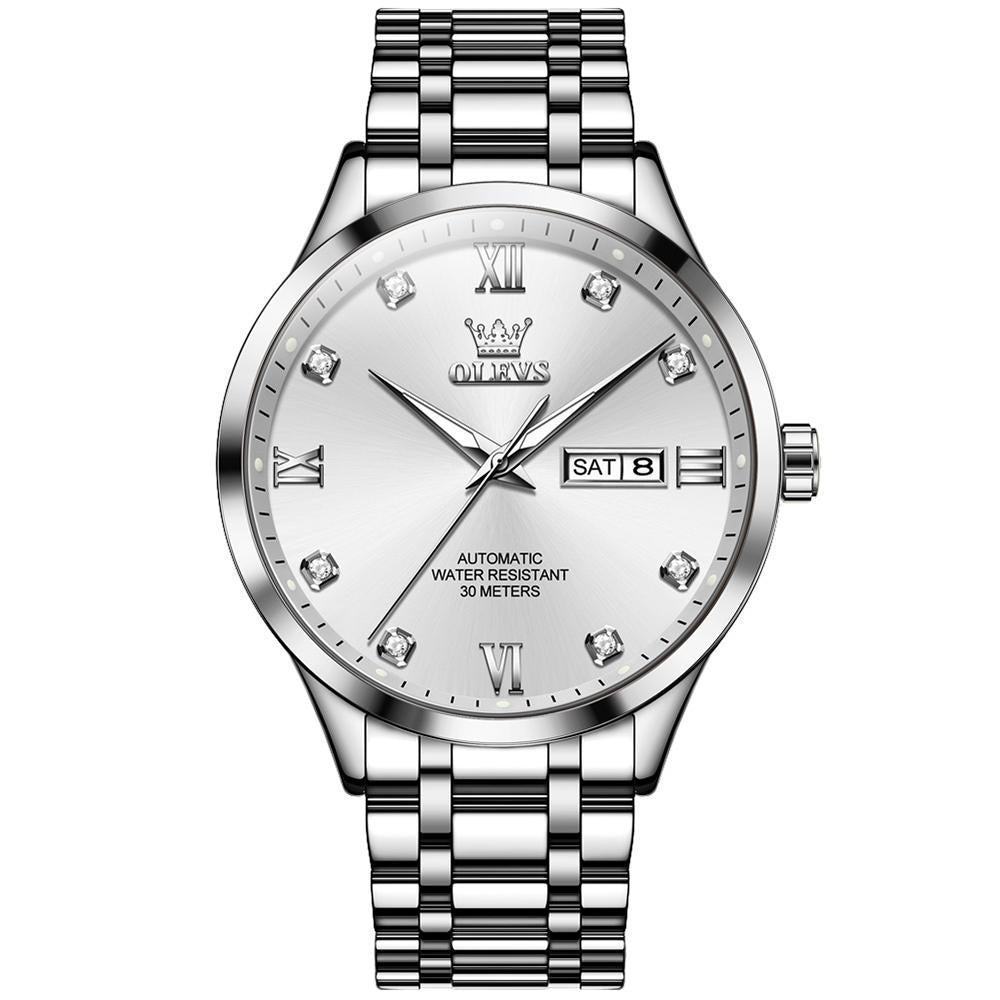 Waterproof Quartz Watch with Diamond Roman Scale for Men - White + Silver