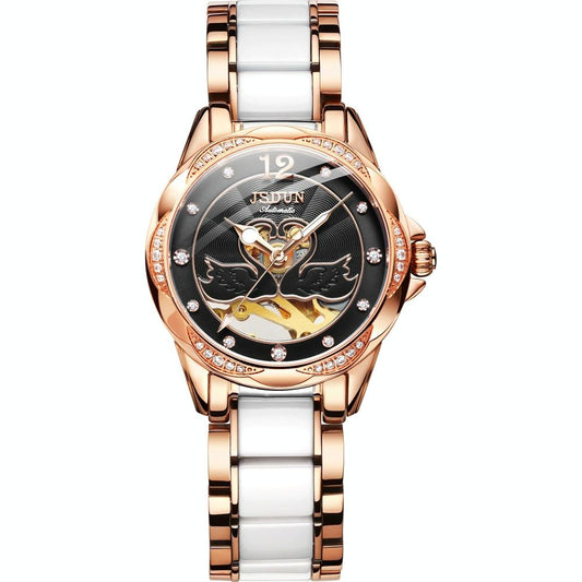 Stylish Waterproof Ceramic Mechanical Watch for Women with Diamond Accents - Black