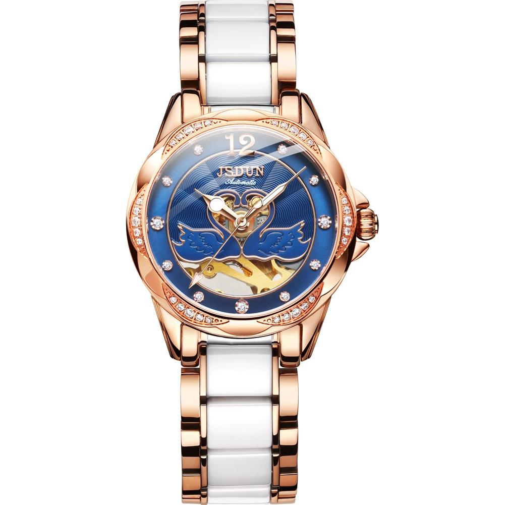 Stylish Waterproof Ceramic Mechanical Watch for Women with Diamond Accents - Black