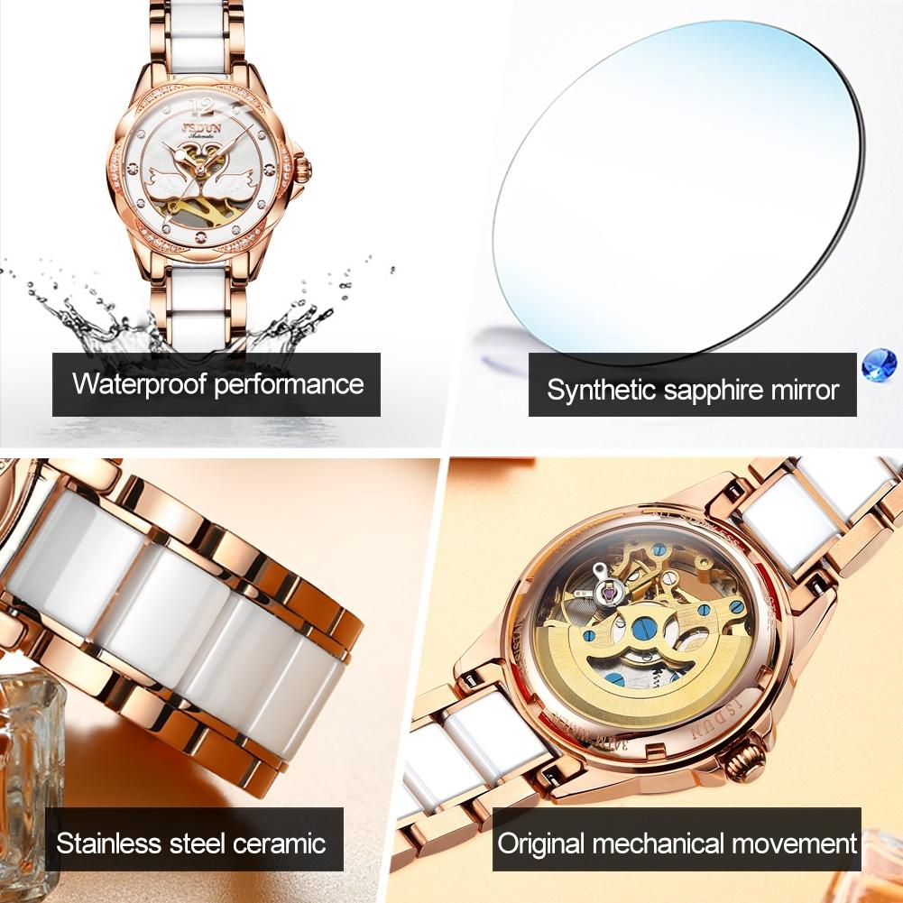 Stylish Waterproof Ceramic Mechanical Watch for Women with Diamond Accents - Black