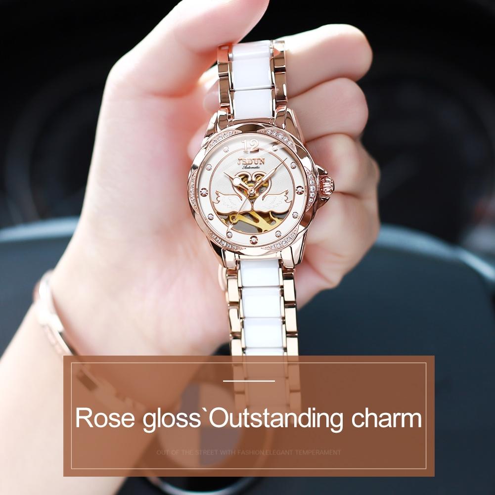 Stylish Waterproof Ceramic Mechanical Watch for Women with Diamond Accents - Black