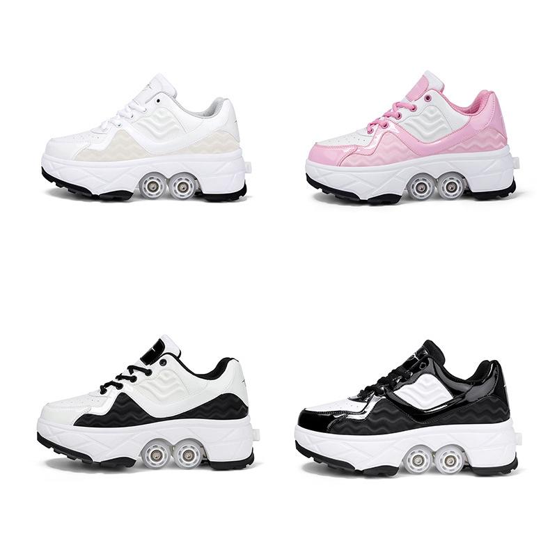 Retractable Dual-purpose Roller Skates - Size 33 Deformable Four-wheel - Df09 Pink - 33