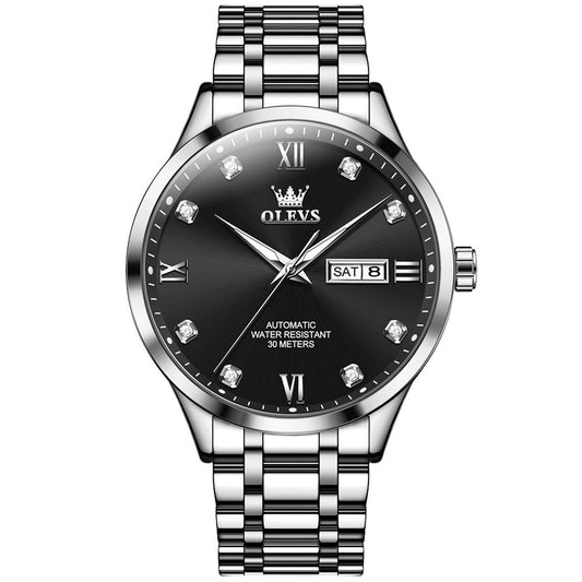 Waterproof Quartz Watch with Diamond Roman Scale for Men - Black + Silver