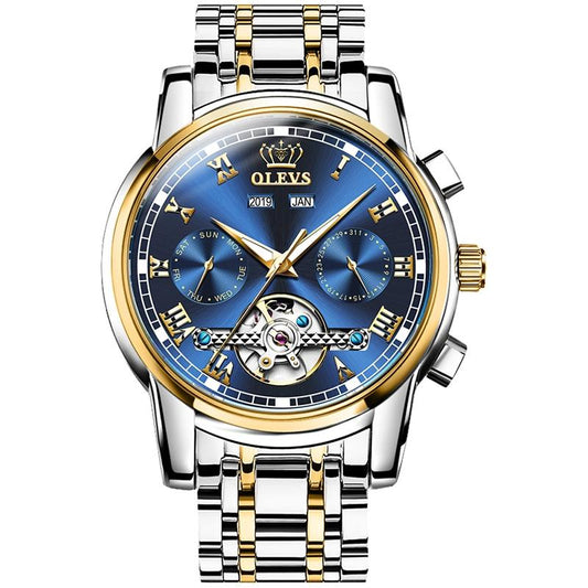 Waterproof Automatic Mechanical Watch for Men with Multi-function Flywheel - Silver Gold Blue