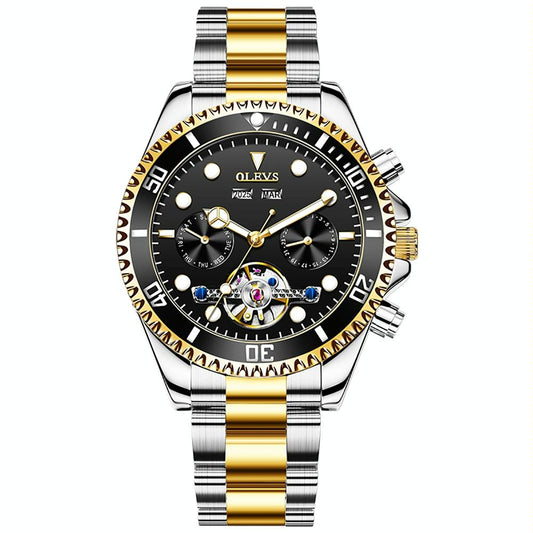 Waterproof Mechanical Watch for Men - Multifunctional - Black + Gold