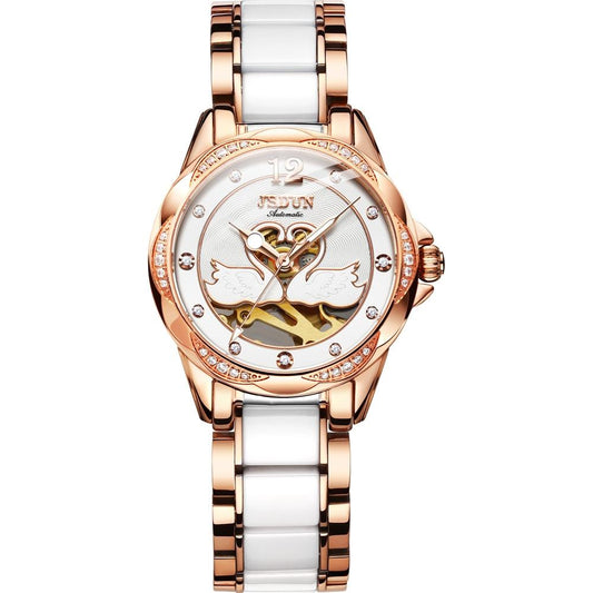 Stylish Waterproof Ceramic Mechanical Watch for Women with Diamond Accents - White
