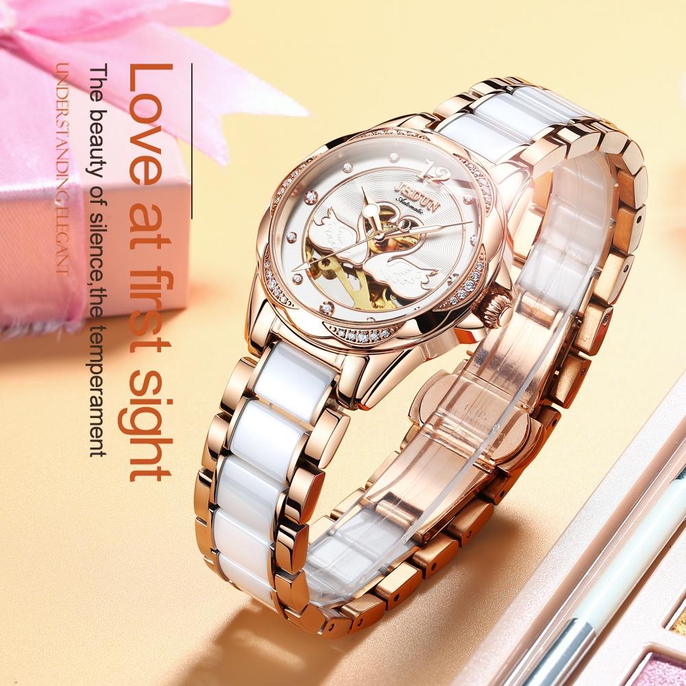 Stylish Waterproof Ceramic Mechanical Watch for Women with Diamond Accents - White