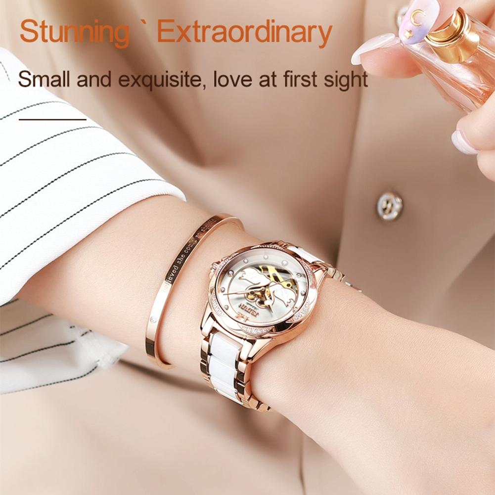 Stylish Waterproof Ceramic Mechanical Watch for Women with Diamond Accents - White