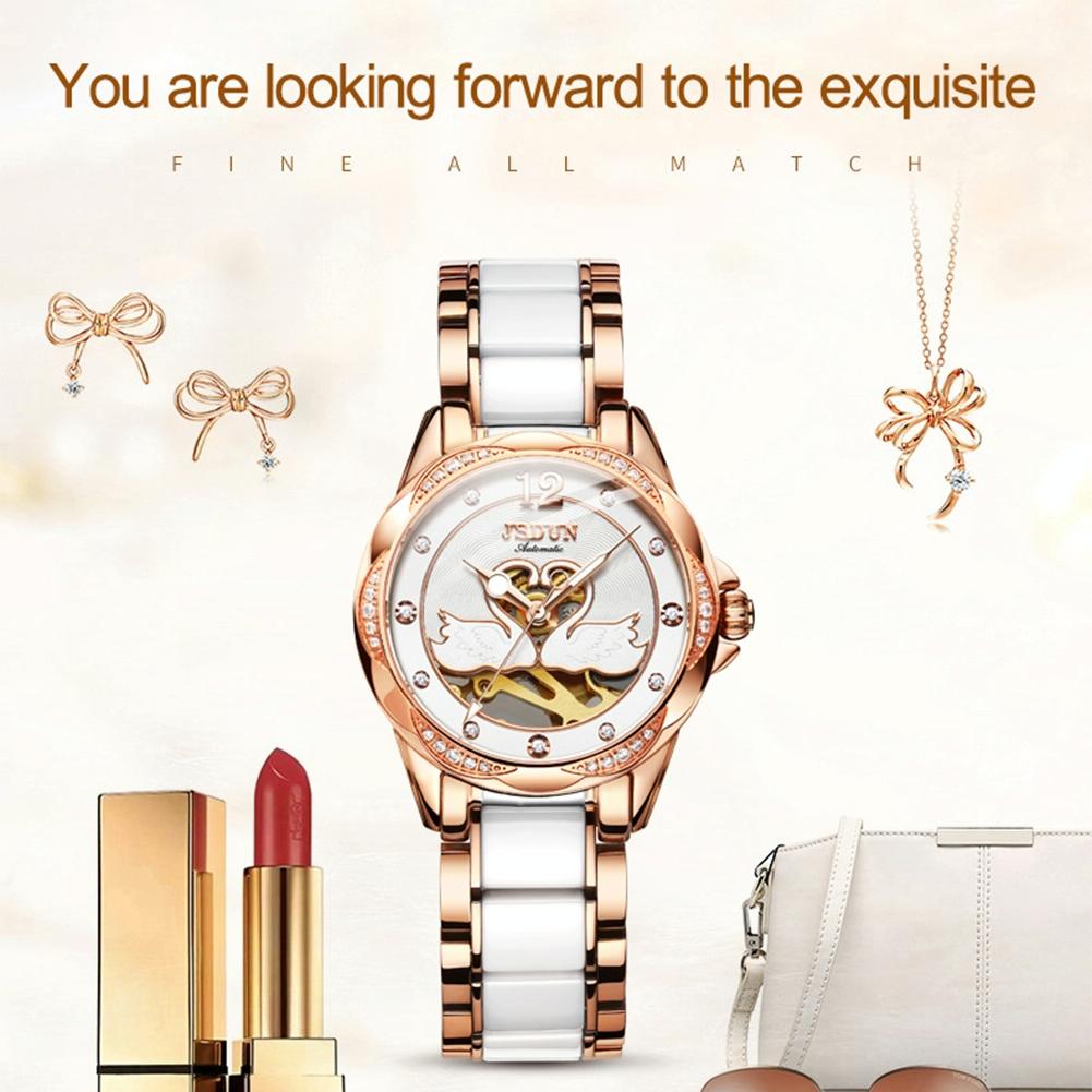 Stylish Waterproof Ceramic Mechanical Watch for Women with Diamond Accents - White