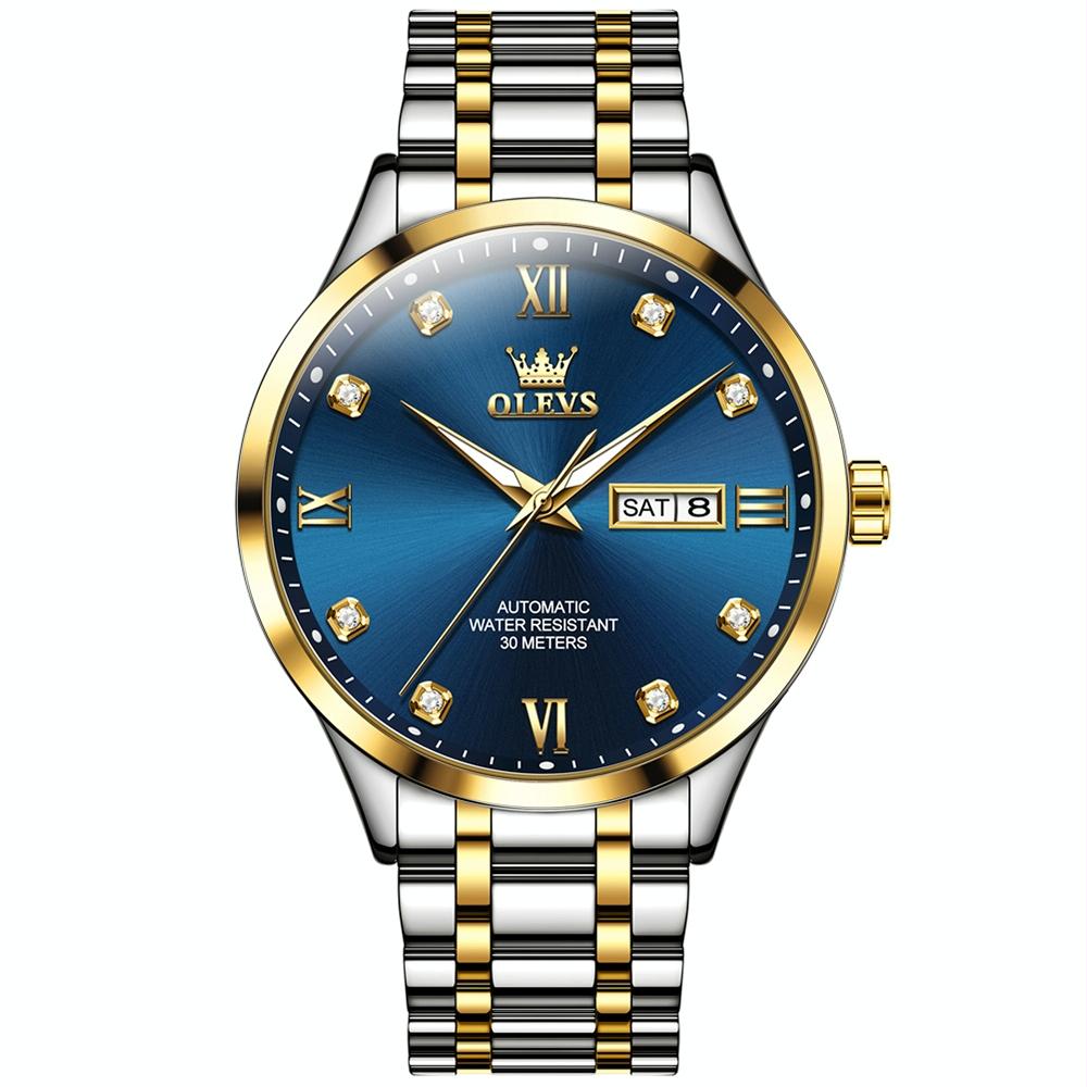 Waterproof Quartz Watch with Diamond Roman Scale for Men - Blue + Gold