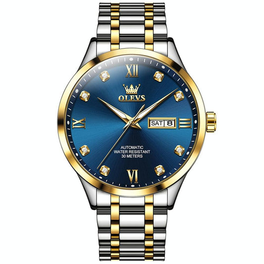 Waterproof Quartz Watch with Diamond Roman Scale for Men - Blue + Gold