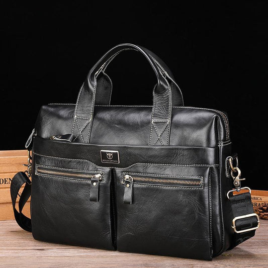 Large Capacity Retro Cowhide Briefcase - Black Metal