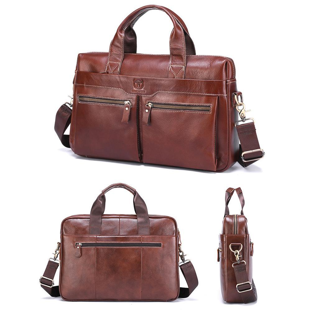 Large Capacity Retro Cowhide Briefcase - Black Metal