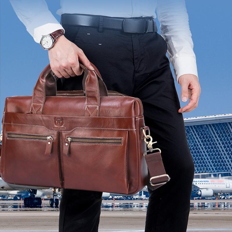 Large Capacity Retro Cowhide Briefcase - Black Metal