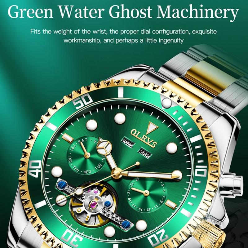 Waterproof Mechanical Watch for Men - Multifunctional - Green + Gold
