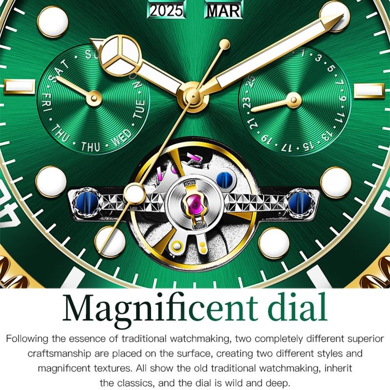 Waterproof Mechanical Watch for Men - Multifunctional - Green + Gold