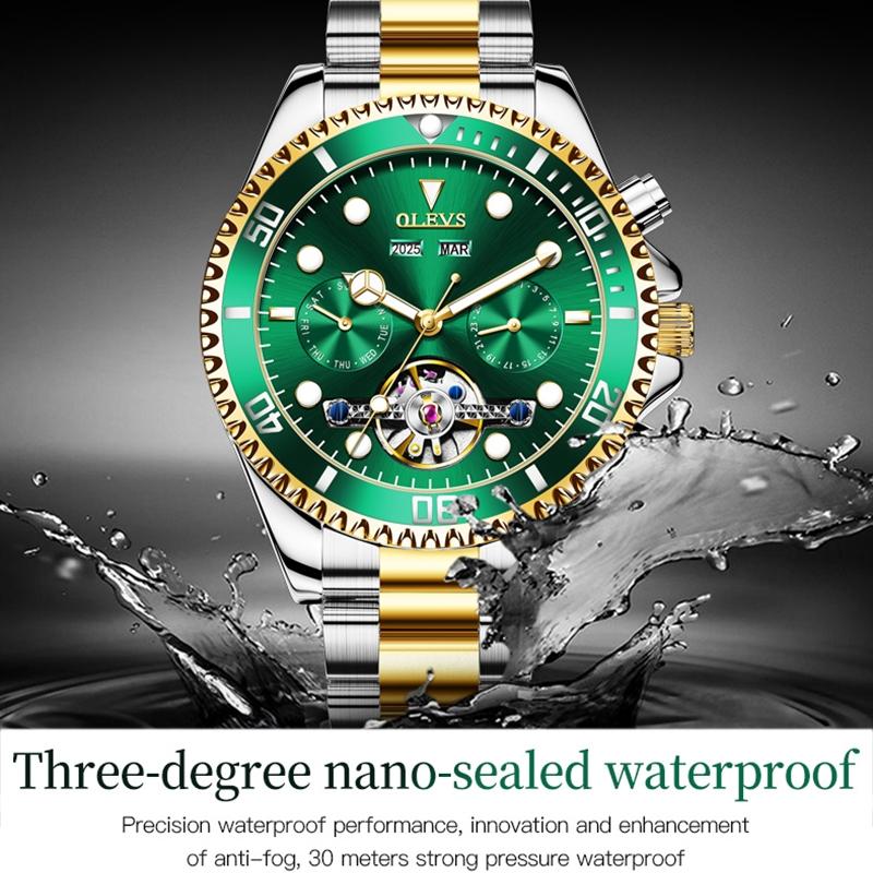 Waterproof Mechanical Watch for Men - Multifunctional - Green + Gold