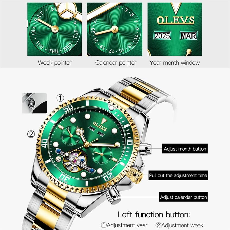 Waterproof Mechanical Watch for Men - Multifunctional - Green + Gold