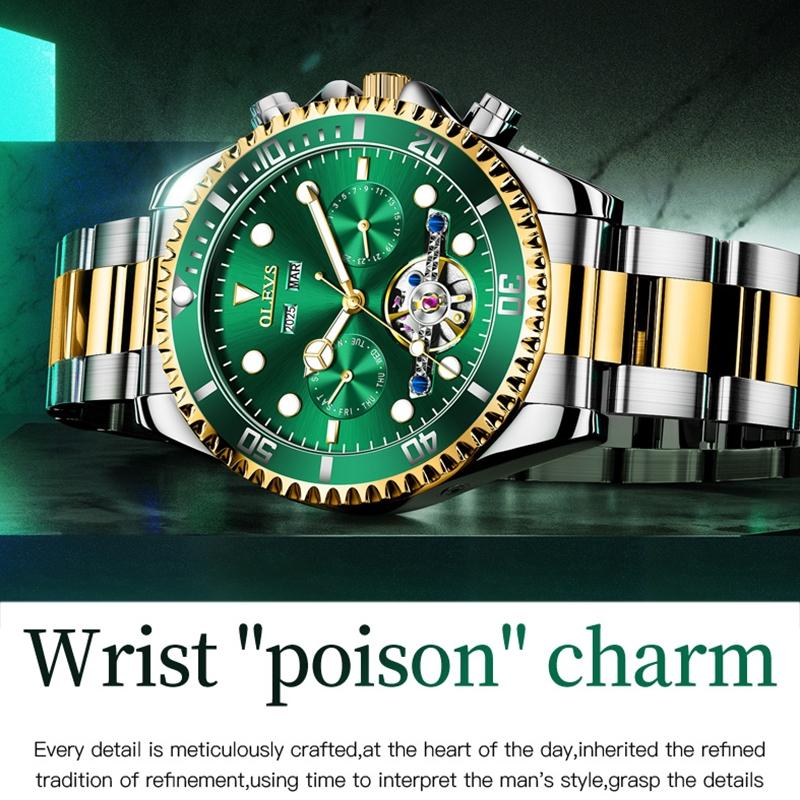 Waterproof Mechanical Watch for Men - Multifunctional - Green + Gold