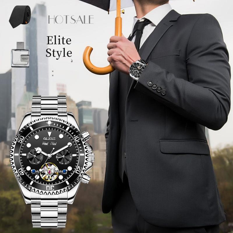 Waterproof Mechanical Watch for Men - Multifunctional - Green + Gold