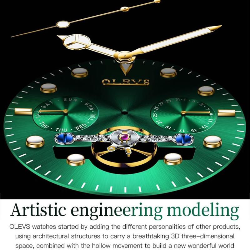 Waterproof Mechanical Watch for Men - Multifunctional - Green + Gold
