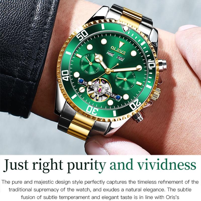 Waterproof Mechanical Watch for Men - Multifunctional - Green + Gold
