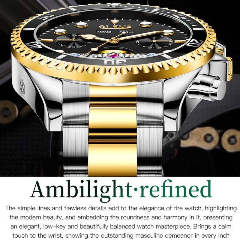 Waterproof Mechanical Watch for Men - Multifunctional - Green + Gold