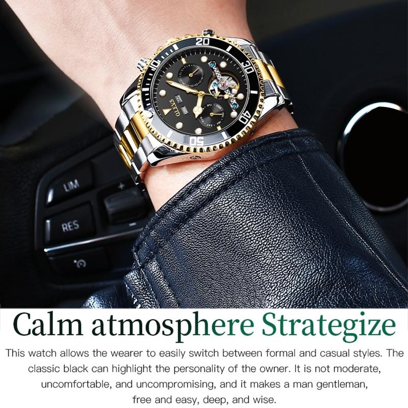 Waterproof Mechanical Watch for Men - Multifunctional - Green + Gold