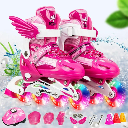 Adjustable Kids Roller Skates Set - Full Flash Single Four-wheel - Size l - Pink