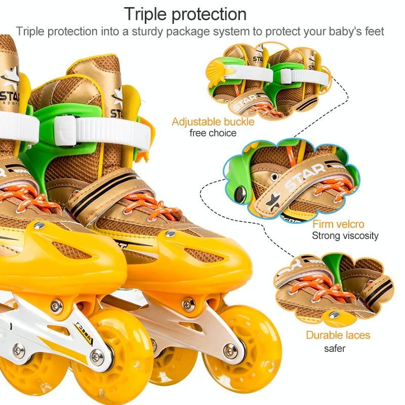 Adjustable Kids Roller Skates Set - Full Flash Single Four-wheel - Size l - Gold