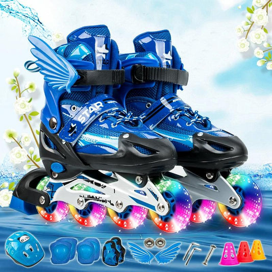 Adjustable Kids Roller Skates Set - Full Flash Single Four-wheel - Size l - Blue