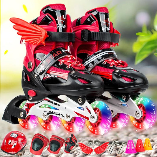 Adjustable Kids Roller Skates Set - Flash Wheels Size m - Red