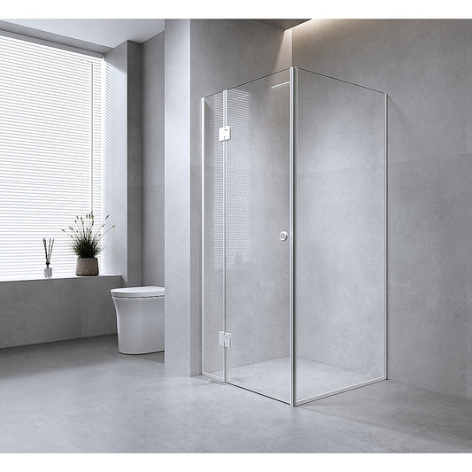 110x110cm Corner Frameless Shower Screen with Gold Channel and SS Hinges, Round Handle